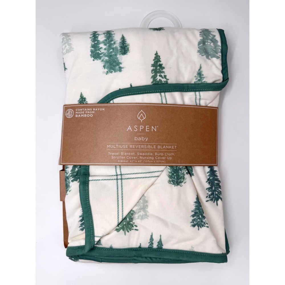 Aspen Baby Reversible Blanket Unisex 42x42 Green NWT Woodland Tree Bamboo Rayon
